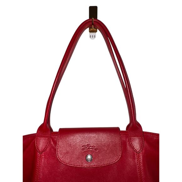 LONGCHAMP Leather Tote Le Pliage Vibrant Red Long Handles Shoulder Bag FRANCE - Picture 3 of 14
